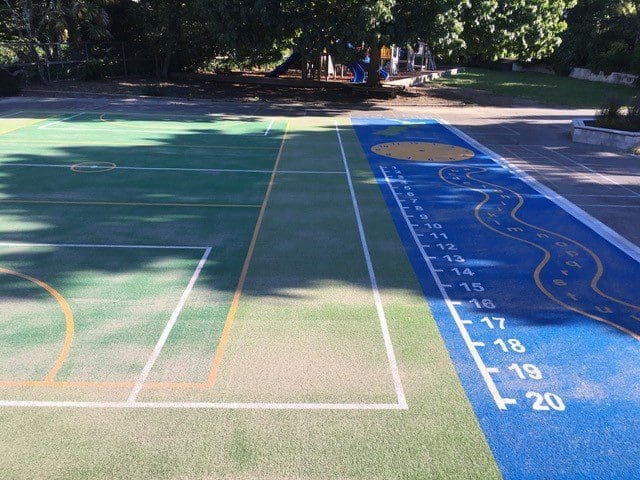 TigerTurf multi-sports courts have permanent markings for several sports and games 